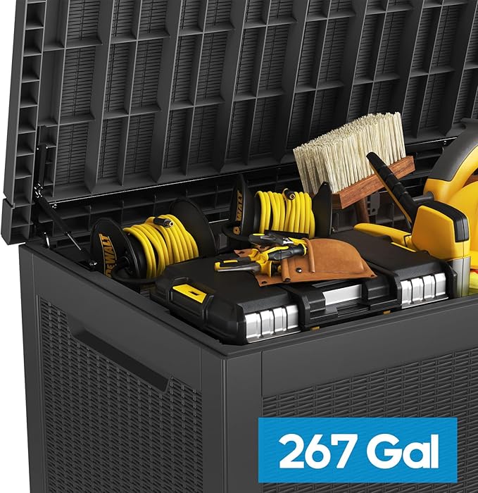267 Gallon Deck Box Large Outdoor Storage for Patio Furniture,Outdoor Cushions,Garden Tools and Pool Supplies,Waterproof,Resin,Lockable(Black Rattan)-Ruum Studio Home