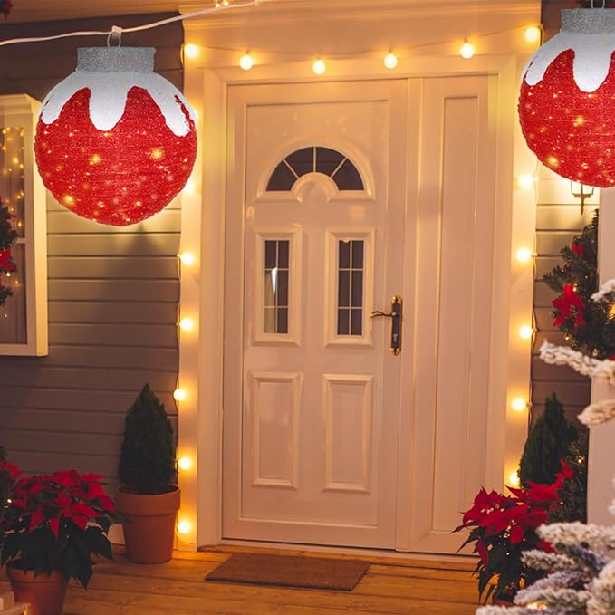 BRIGHTDECK Outdoor Christmas Ornaments, Lighted Pop-Up Outdoor Holiday Ball Decoration with 80 LED Lights, 8 Light Modes, Lighted Collapsible Holiday Decorations for Yard, Home (Red)-Ruum Studio Home