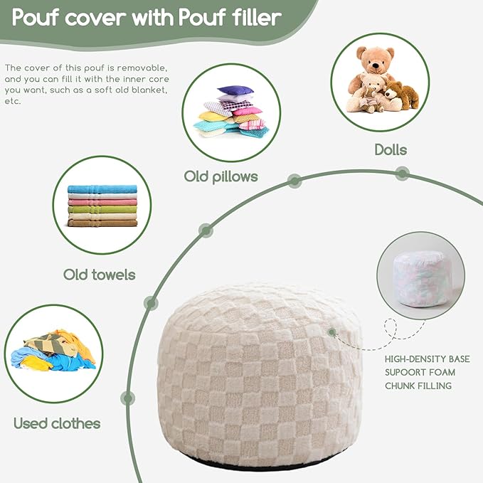 HIGOGOGO Round Stuffed Pouf Ottoman, Plaid Poufs with Foam Chunk Filling, Fluffy and Furry Pouf Foot Stool Storage Ottoman, 20 X 15 Floor Poufs Foot Rest for Living Room, Beige-Ruum Studio Home