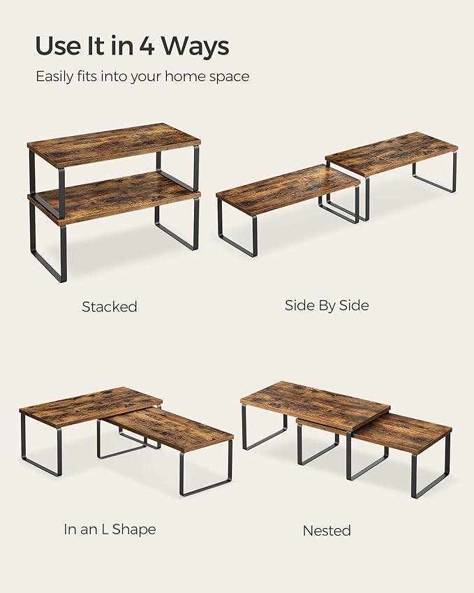 SONGMICS Cabinet Organizer Shelf, Set of 2 Kitchen Counter Shelves, Kitchen Storage, Spice Rack, Stackable, Expandable, Metal and Engineered Wood, Ink Black and Rustic Brown UKCS200X01-Ruum Studio Home