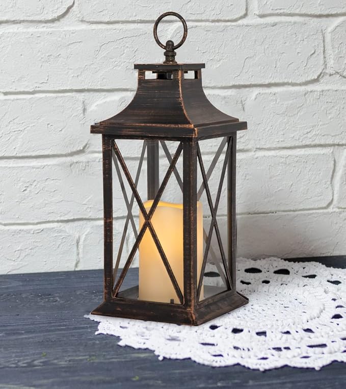 YAKii 14" Decorative Candle Lantern LED Flameless Candle Timer, Plastic LED Candle & Holder, Indoor & Outdoor Hanging Lights,Christmas Day Decoration (Antique Copper Brushed)-Ruum Studio Home