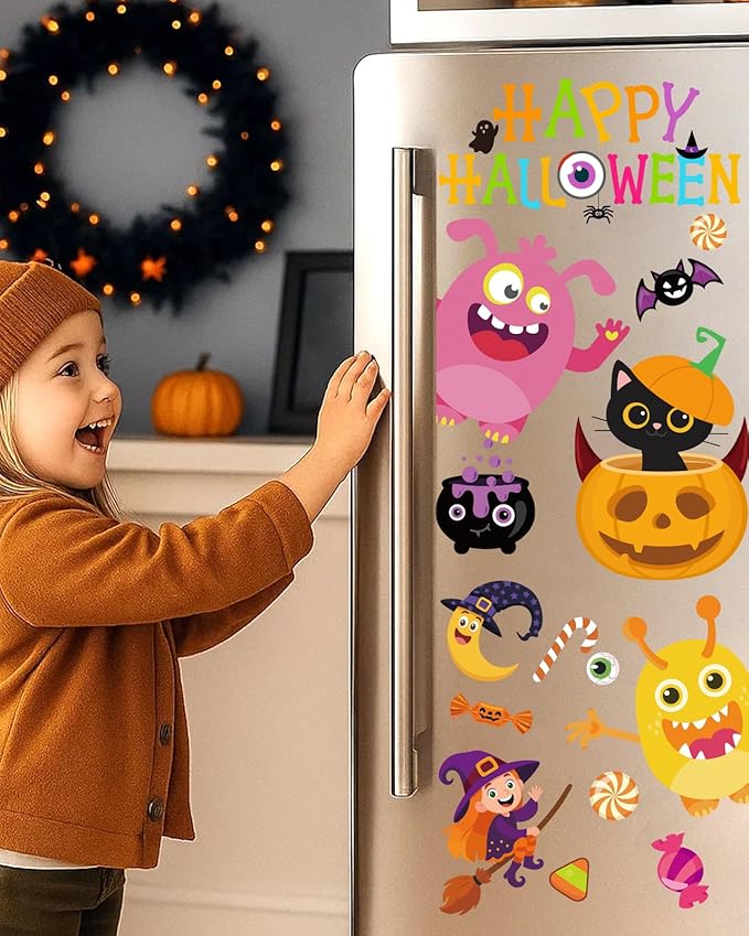 Halloween Window Clings - 9 Sheets 82 Pcs Cute Happy Halloween Window Decorations Indoor for Home Eyes Party Ghost Cat Bat Witch Stickers for Glass Double-Sided Removable Static Glass Decals-Ruum Studio Home