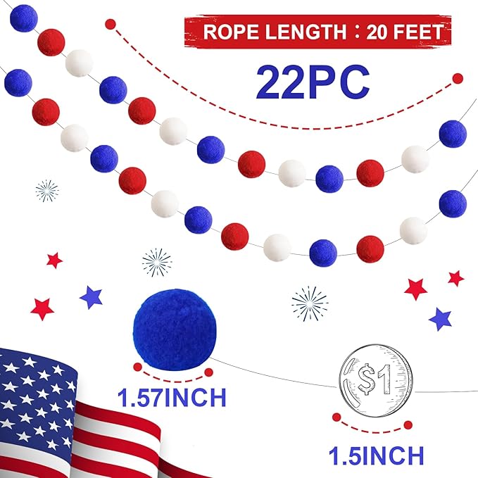 TBD Decor 3pk 4th of July Decorations Patriotic Red White Blue Pom Pom Garland 20FT 4cm Large Felt Ball Garland for Independence Day,Party Home Supplies Decorations-Ruum Studio Home