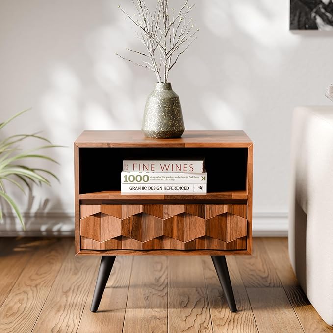 Bme Georgina Solid Wood Nightstand with 1 Drawer & Open Shelf- Fully Assembled Mid Century Modern Side Table - Geometric Pattern Bedside Dresser for Bedroom and Living Room, Dark Chocolate-Ruum Studio Home