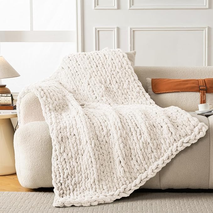 Ultra Soft Chunky Knit Blanket Throw -50x60 Hand Knitted Warm Chenille Throw Blanket, Home Decor Soft Thick Yarn Cable Knit Blanket Breathable Fleece Banket Christmas for Couch Bed Sofa Best GIF Gift-Ruum Studio Home