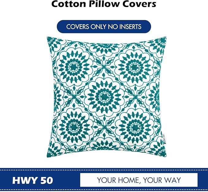 HWY 50 Teal Decorative Throw Pillow Covers 18x18 Inch (1 Piece), Embroidered Cotton Farmhouse Cushion Cover Pillow Case for Sofa Couch Living Room Bed, Little Sunflower-Ruum Studio Home