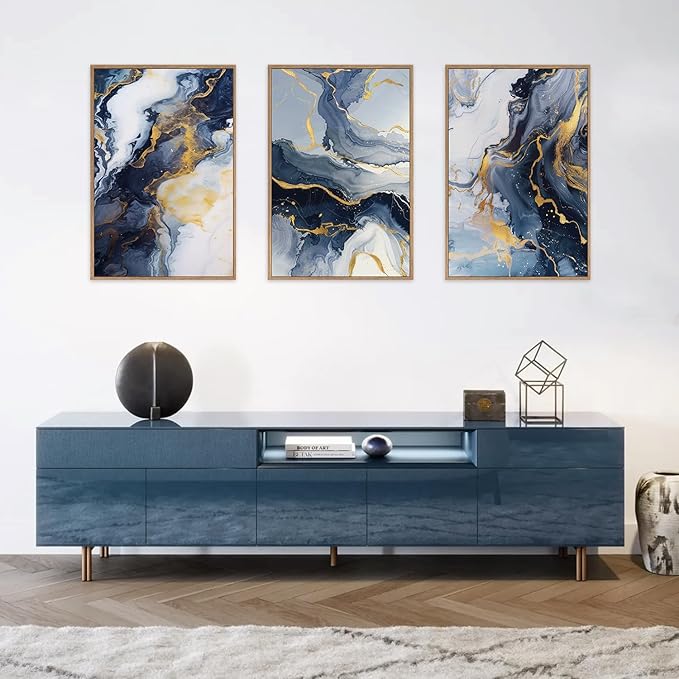 Blue and Gold Framed Canvas Wall Art Set, Mid-Century Modern Abstract Wall Decor, Navy Blue Ink Wash Painting, Neutral Art Print for Living Room, Bedroom, Dining Room, Office - 16"x24"x3-Ruum Studio Home