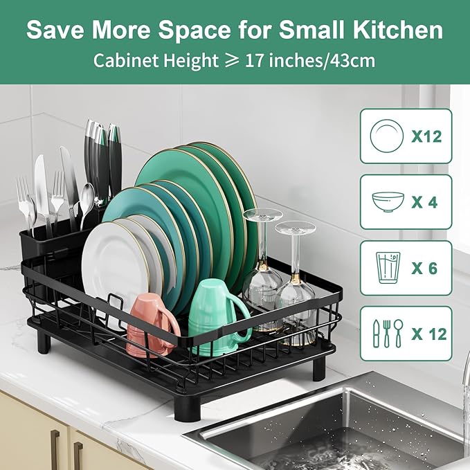 MOUKABAL Dish Drying Rack, Dish Rack, Stainless Steel Dish Racks for Kitchen Counter, Dish Drainer with Removable Utensil Holder, Drainboard (Black)-Ruum Studio Home