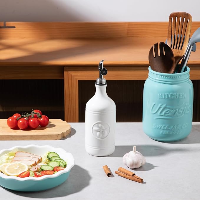 Sweejar 16 Oz Ceramic Olive Oil Dispenser Bottle, Oil Dispenser for Kitchen with Gravity Spout, Relief Opaque Oil Container for Evoo, Avocado Oil, Vinegar, Soy Sauce, 1 Pack(White, Silver Spout)-Ruum Studio Home