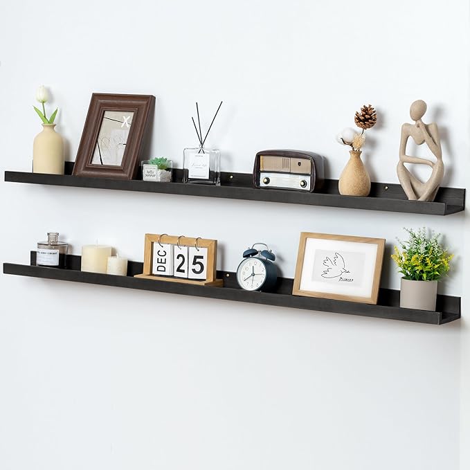 Picture Ledge Shelf for Wall, 48 inch Solid Pine Wood Nursery Book Shelves 2 Packs, Floating Ledge Shelves for Kids' Room Bedroom Bathroom Living Room Photo Frames Office Nursey Wall Decor, Black-Ruum Studio Home