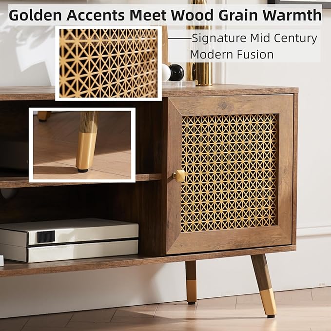 JYED Mid Century Modern TV Stand and Console for TVs Up to 75 inch - Rustic Oak Entertainment Center, 2 Gold Metal Mesh Doors & MDF Wood Grain, 15.8" D x 66" W x 23.5" H-Ruum Studio Home