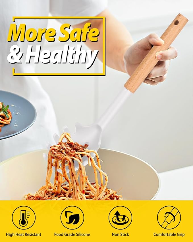Silicone Pasta Fork and Ladle Spoon Set with Wooden Handle, Heat Resistant Non Stick Kitchen Utensils for Cooking, Stirring, Serving Spaghetti, Soup, Sauce(WHITE)-Ruum Studio Home