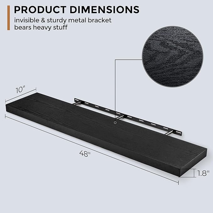 Floating Shelves - 10.3 Inch Deep Wall Shelf for Decor & Storage - Wall Mounted Display Shelving with Invisible Heavy-Duty Metal Bracket - 48" W x 10.3" D x 1.8" H - Set of 1 - Rustic Black-Ruum Studio Home