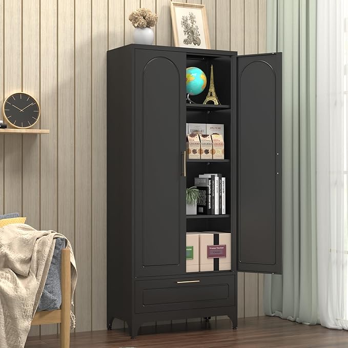 Black Pantry Kitchen Cabinet with Drawer, 75 Inch Metal Storage Cabinet with Doors and Shelves, Steel Food Pantries, Large Freestanding Cupboard for Living&Dining Room-Assemble Required-Ruum Studio Home