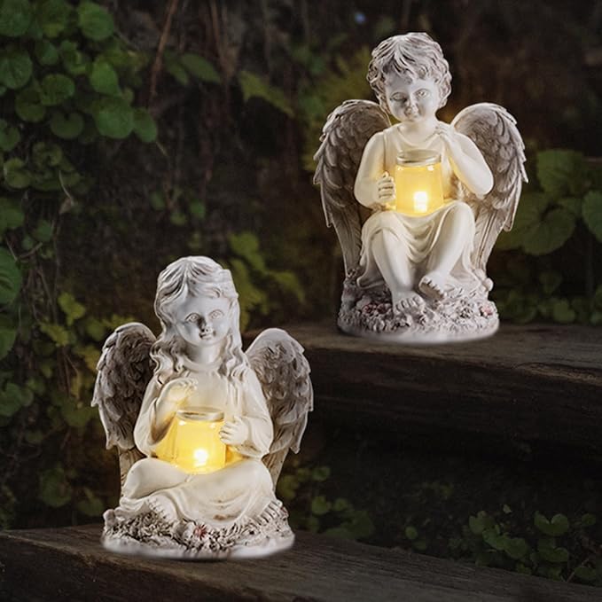 2 Pack Outdoor Angel Statue Garden Decor, Classic Solar Angel Figurine Decoration for Yard Art Indoor Porch Home Lawn Outside Light up Cherub Sculpture Guardian Wings Memorial Gifts-Ruum Studio Home