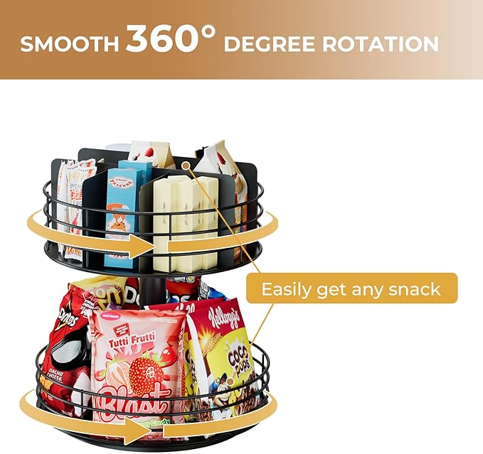 Snack Organizer - Versatile Snack Storage 2 Tier Lazy Susan with Convenient Grab-and-Go Design, Metal Snack Holder for Home, Office, Breakroom, 11.85" L x 11.85" W x 13.3" H (Matte Black)-Ruum Studio Home