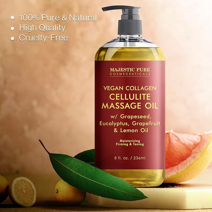 Majestic Pure Anti Cellulite Massage Oil for Massage Therapy - Refreshing, and Relaxing - Natural Oils with Vegan Collagen, Stem Cells & Cellulite Cream - All Skin Types - Men and Women - 8 fl oz-Ruum Studio Home