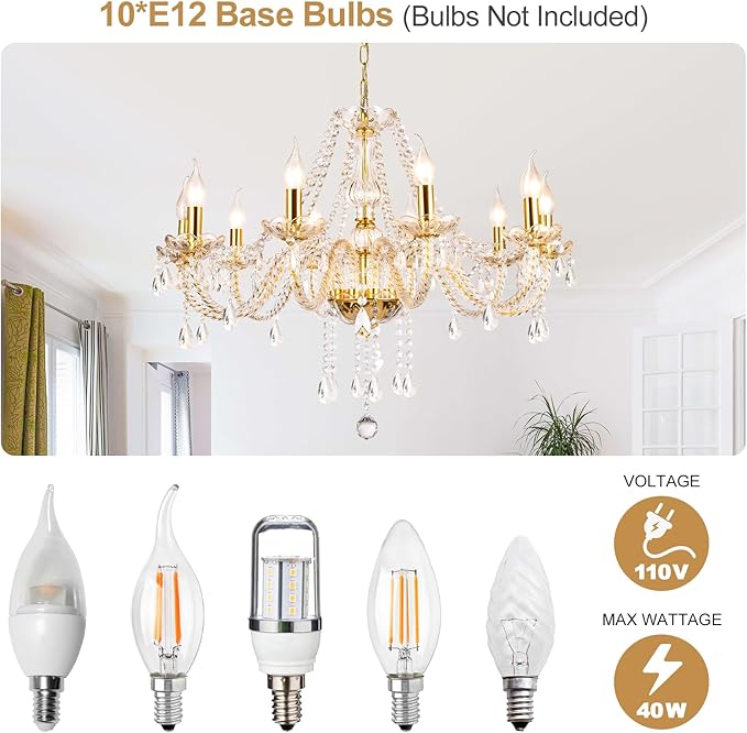 Modern Elegant 10 Lights K9 Crystal Glass Chandelier Golden Pendant Ceiling Lighting European Style for Dining Living Room Bedroom Transparent, 10 E12 Bulbs Required-Ruum Studio Home