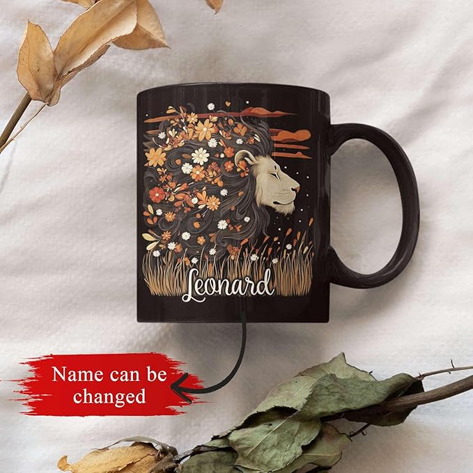 Personalized Lion Lover Cup with Vibrant Floral, Custom Name Coffee Mug 11oz or 15oz, Custom Nature Inspired Ceramic Cup, Artistic Lion Black Coffee Mug, Gifts for Women, Men-Ruum Studio Home