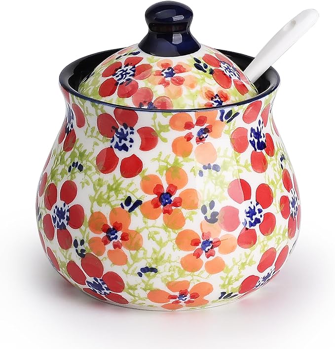 silesia Handmade Sugar Bowl with Lid and Spoon, 9 Ounce Ceramic Hand-Painted Sugar Jar for Home in Gift Box, Kitchen Decor, Oven, Dishwasher & Microwave Safe, Jungle Floral-Ruum Studio Home