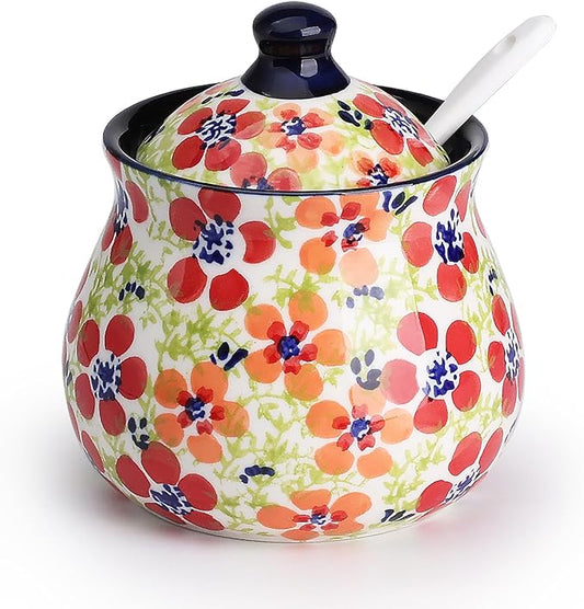 silesia Handmade Sugar Bowl with Lid and Spoon, 9 Ounce Ceramic Hand-Painted Sugar Jar for Home in Gift Box, Kitchen Decor, Oven, Dishwasher & Microwave Safe, Jungle Floral-Ruum Studio Home