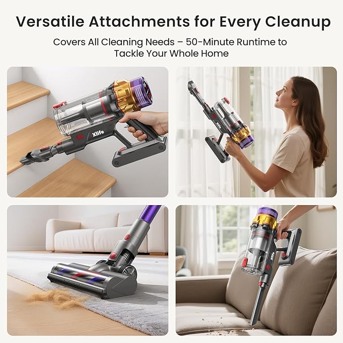 Xlife 550W Cordless Vacuum Cleaner 48KPa Powerful Suction, Long Runtime, Green Light Dust Detection, Adjustable Stick, Tangle-Free Brush for Pet Hair/Carpet/Hardwood Floors-P12-Ruum Studio Home