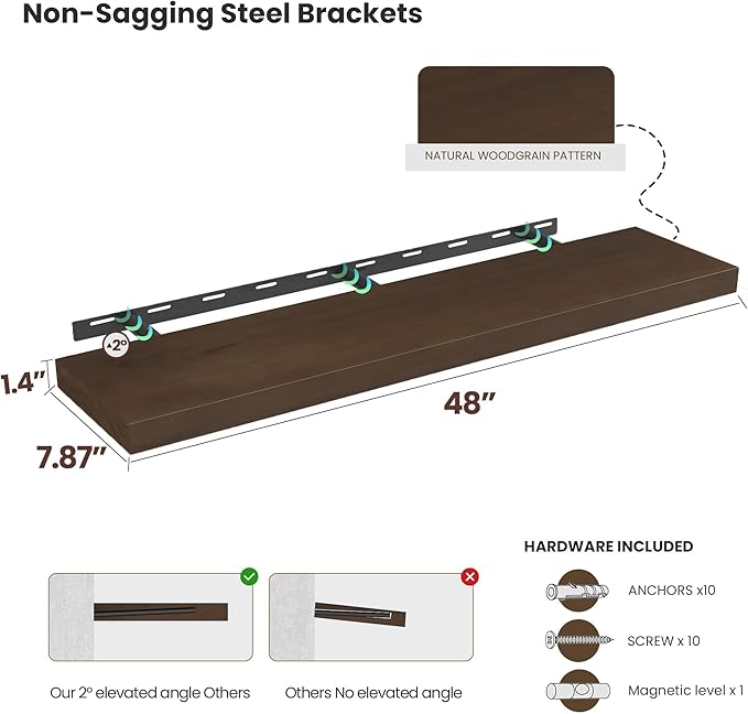 Walnut Floating Shelves for Wall 48 Inch, 8 in Deep Single Wood Shelf Floating Rustic Farmhouse Decor, Heavy Duty Shelf Hold 100 lbs, Wall Shelves for Bathroom Living Room Kitchen Bedroom Office-Ruum Studio Home