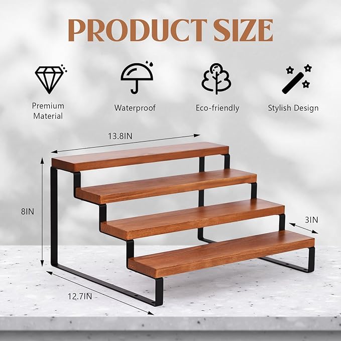 4 Tier Wooden Display Riser Stand Perfume Organizer with Metal Stand, Dessert Table Display Set, Food Display Stands for Party, Brown Rustic Solid Wood Shelf for Cupcakes, Perfume, Cologne, Spiece-Ruum Studio Home