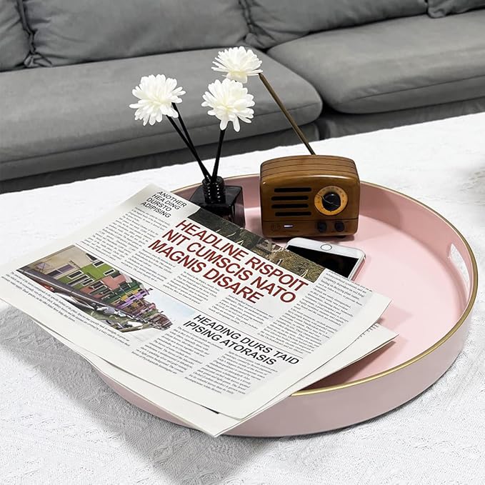 13" Pink Serving Tray with Handles,Round Decorative Tray for Coffee Table, Plastic Modern Coffee Table Tray for Ottoman, Living Room, Bathroom, Décor.-Ruum Studio Home