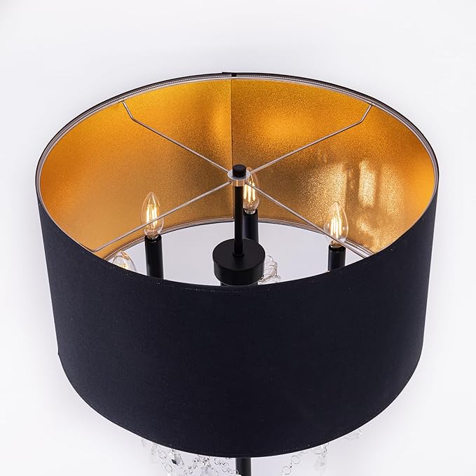 Wellmet Black Crystal Drum Shade Floor Lamp, 6 Light Black Gold Shade, Candle Base, for Living Room, Bedroom, Reading Room, Hallway, Corridor-Ruum Studio Home