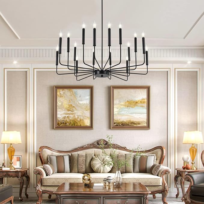 Modern Black Farmhouse Chandeliers, 16-Light Industrial Metal Chandelier Lighting, Classic Candle Hanging Pendant Light Fixtures for Kitchen Island, Living Room, Dining Room, Stair-Ruum Studio Home