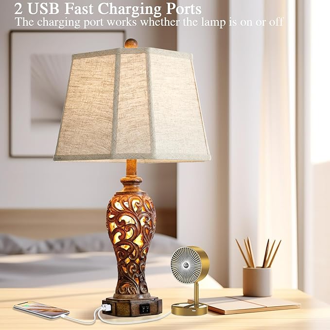 Set of 2 Rustic Table Lamps for Living Room Bedroom, 2 USB Ports 25'' Vintage Farmhouse Desk Lamp with Nightlight, Brown Hollow Out Resin Lamp for End Table (Bulbs Included)-Ruum Studio Home