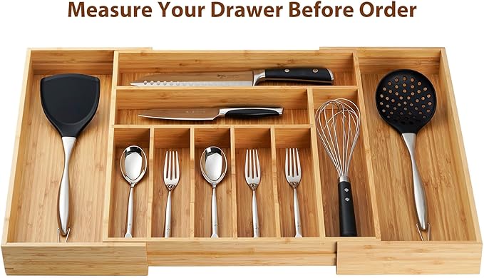 Umilife Extra Large Expandable Kitchen Siverware Utensils Drawer Organizer, 19" Deep for Big Drawer, Adjustable Bamboo Wood Drawer Divider with Curved Grooves, Cutlery Tray Flatware Holder-Ruum Studio Home