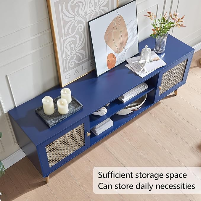 Mid Century Modern Entertainment Center, Blue TV Stand for TVs up to 75", Boho Tv Furnitures with Storage Cabinet and Shelves, Tv Console Media Center with Gold Metal Mesh Doors for Living Room-Ruum Studio Home