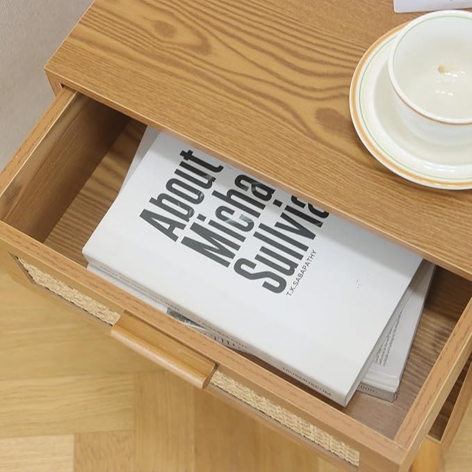 Mid Century Modern Nightstand, Rattan Bedside Table with Drawer and Open Shelf, Wood Nightstand Modern Side Table for Living Room, Bedroom and Small Space, Brown-Ruum Studio Home