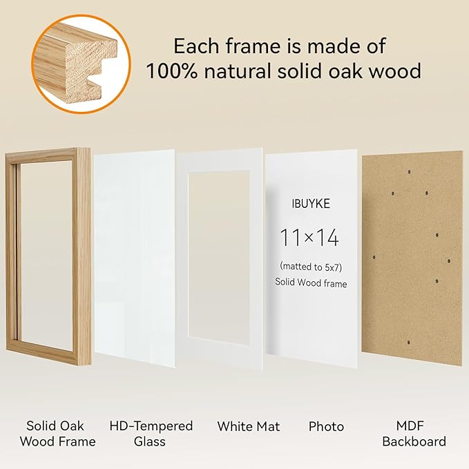 IBUYKE 11 x14 Picture Frame,Set of 3,Solid Oak Wood 11x14 Photo Frame with Mat to 8x10,11x14 Picture Frames With Tempered Glass,Wall Mount Display,Home Decor,Natural Oak 14 x 11 Frame,UWPF1114N-3-Ruum Studio Home