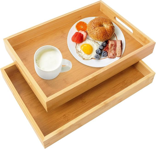 2 Pack Large Bamboo Serving Tray with Handles, 14 x 10 inch Wooden Dinner Tray, Home Kitchen Breakfast Trays for Living Room Bedroom Kitchen Dinner Table, Picnic-Ruum Studio Home