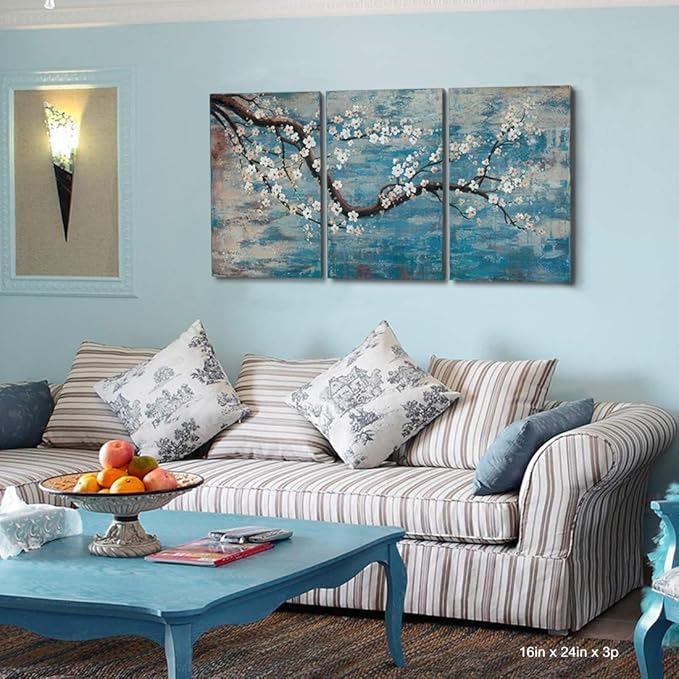 amatop Wall Art for Living Room 100% Hand-Painted Flower Oil Painting On Canvas Gallery Wrapped Large Framed Floral Plum Blossom Tree Teal Blue Artwork for Home Bedroom Decor 48"x24"-Ruum Studio Home