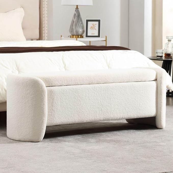 ROCTY White Boucle Storage Bench - 50" Sherpa Ottoman Bench for Bedroom, Entryway, Living Room & Vanity - Teddy Fabric with Storage & Seating-Ruum Studio Home