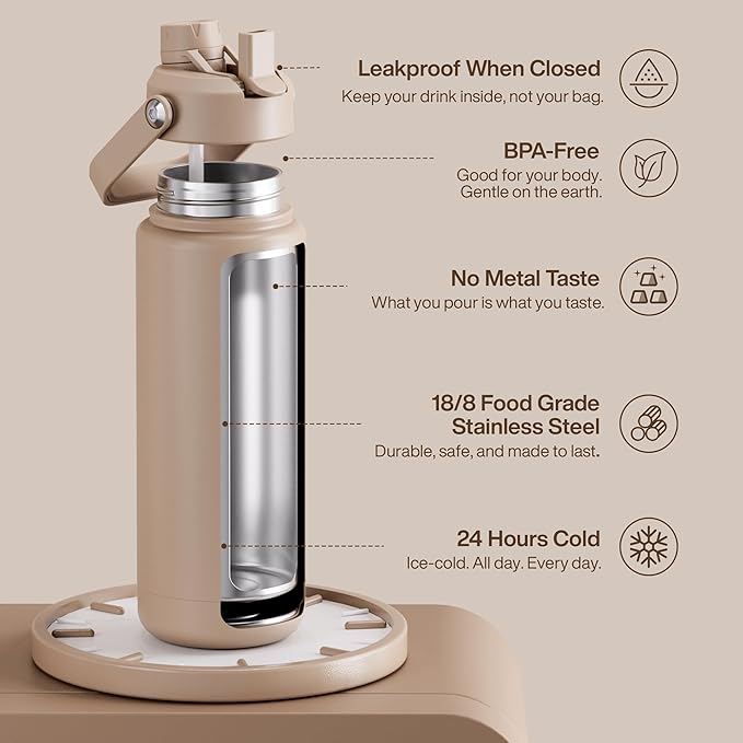 Insulated Water Bottle with Straw Stainless Steel Water Bottle, Leak-Proof, BPA-Free, Double Wall Vacuum Keeps Cold for 24 Hours for Sports, Travel, School (32 oz, Raw Umber)-Ruum Studio Home