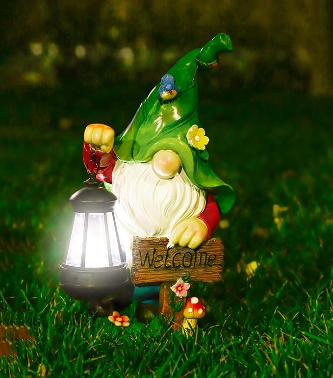Garden Gnome Statue, Resin Figurine with Bright Solar Lantern Lights and Welcome Sign, Outdoor Solar-Powered Illumination Yard Art Decorations for Indoor Outdoor Patio Lawn Garden Room-Ruum Studio Home