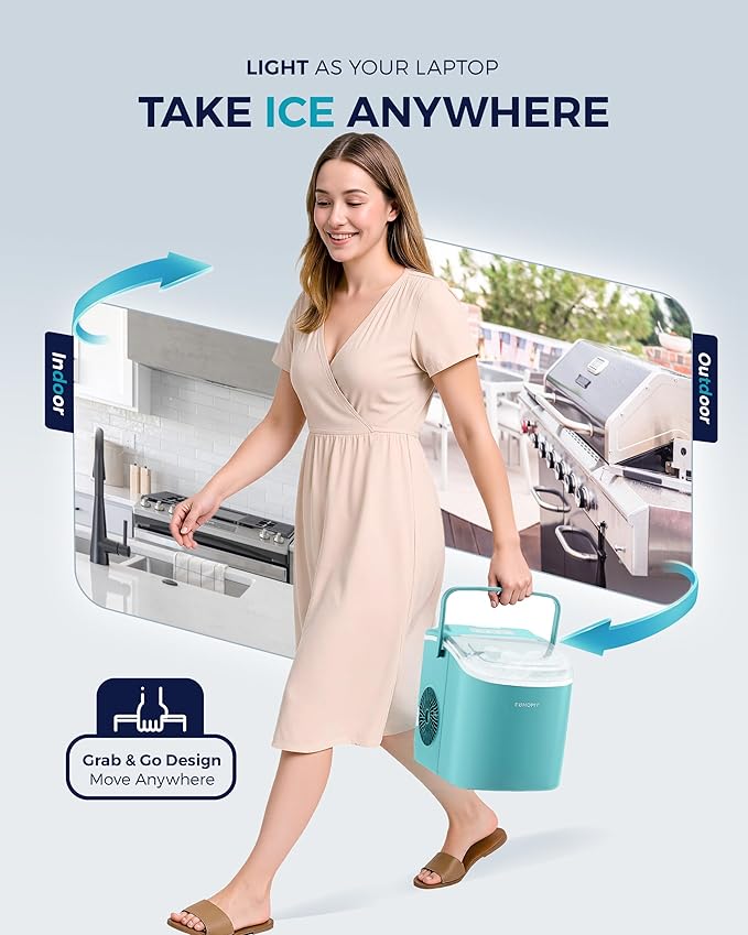 EUHOMY Countertop Ice Maker Machine with Handle, 26lbs Per Day, 9 Ice Cubes Ready in 6 Mins, Auto-Cleaning Portable Ice Maker with Basket and Scoop, for Home/Kitchen/Camping/RV (Green)-Ruum Studio Home