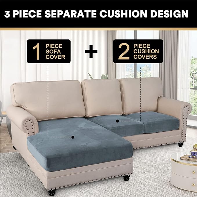 PrinceDeco Sectional Couch Covers 3 Pieces Velvet Sofa Covers L Shape Soft Couch Covers for Sectional Sofa Corner Sofa Cover Couch Cover for Dogs Washable (2 Seater + 1 Chaise,Stone Blue)-Ruum Studio Home