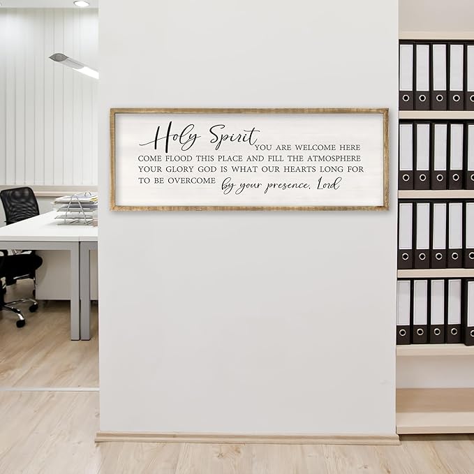 Holy Spirit You are Welcome Here Wall Decor Art 32x12 Inch Large Christian Song Bible Verse Plaque Wood Framed Sign Living Room Scripture Quote Religious For Office Wall Hanging (Wood)-Ruum Studio Home