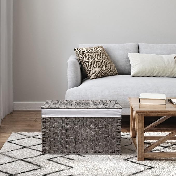 Wicker Storage Basket with Lid, 42.3 Gallon (160L) Large Blanket Basket with Lid, Woven Storage Bin with Handles, Removable Liner, Metal Frame, Foldable, for Bedroom, Laundry Room, Grey-Ruum Studio Home