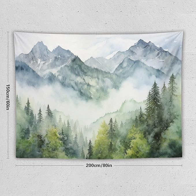 HZOHNAGO Mountain Tapestry Misty Green Forest Mountain Pattern Printed Wall Tapestry Wall Hanging for Bedroom Living Room Dorm 80" W x 60" H-Ruum Studio Home