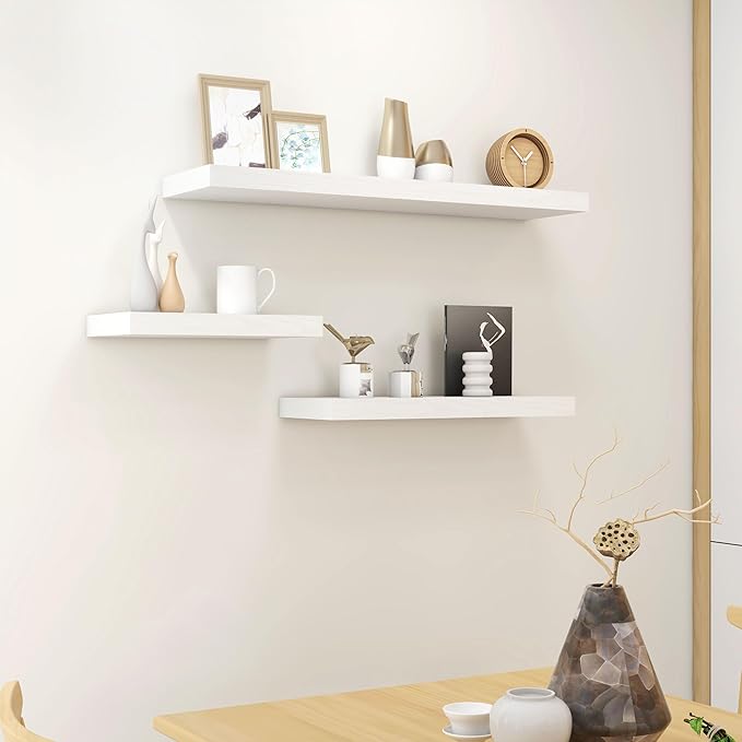 Fun Memories Deep Floating Shelves - 16" W x 9" D x 1.6" H Rustic White Wall Shelf - Wall Mounted Shelves for Storage - Wooden Shelves with Invisible Brackets for Living Room, Farmhouse - Set of 2-Ruum Studio Home