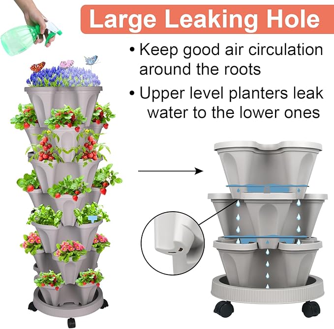 Vertical Planter, 7 Tier Stackable Strawberry Planter with Garden Tool Set, Movable Indoor/Outdoor Garden Herb Pot for Growing Vegetables and Succulents, Gray-Ruum Studio Home