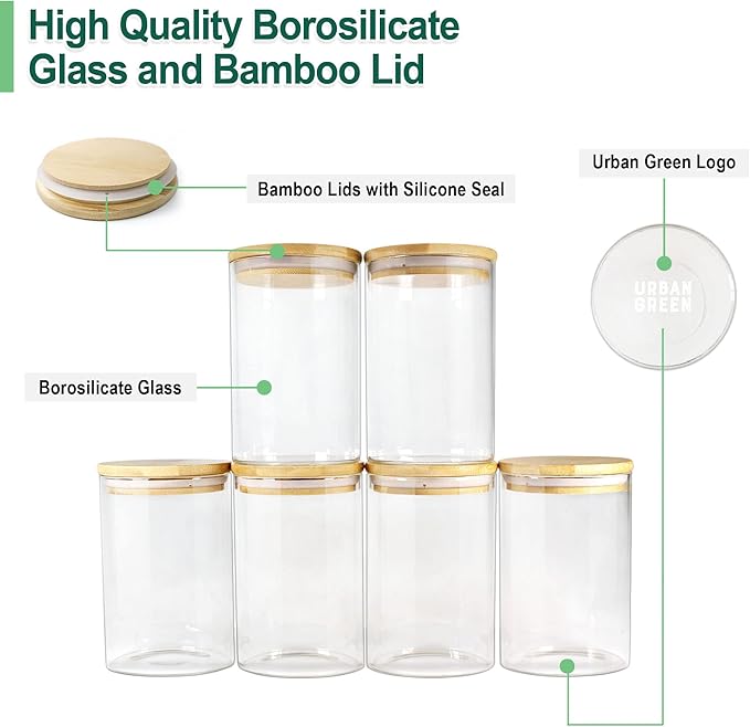Urban Green Glass Jars with Bamboo Lids, Glass Airtight Canisters sets, Food Storage Container, Pantry Organization and Storage Jars, Kitchen Canisters Sets, Flour Containers of 6-Ruum Studio Home