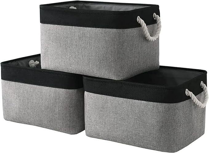 Organization and Storage Bins for Shelves - 16x12x8 inch Large 3 Pack Fabric Storage Cubes Collapsible Baskets for Shelves with Rope, Storage Basket for Organizing Cloth Laundry (Black & Grey)-Ruum Studio Home